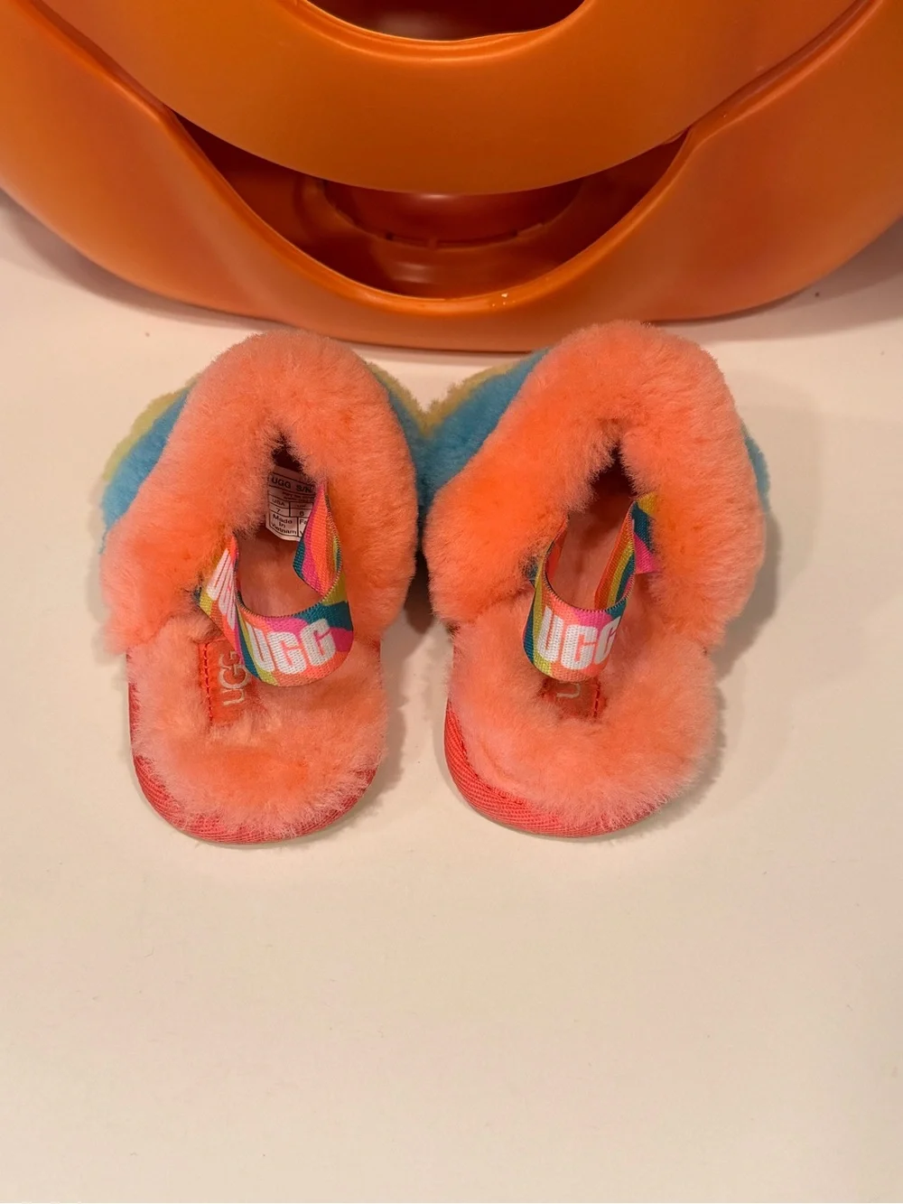 UGG Kids Rainbow Fuzzy Slide Slippers - Coral, Blue, Lime